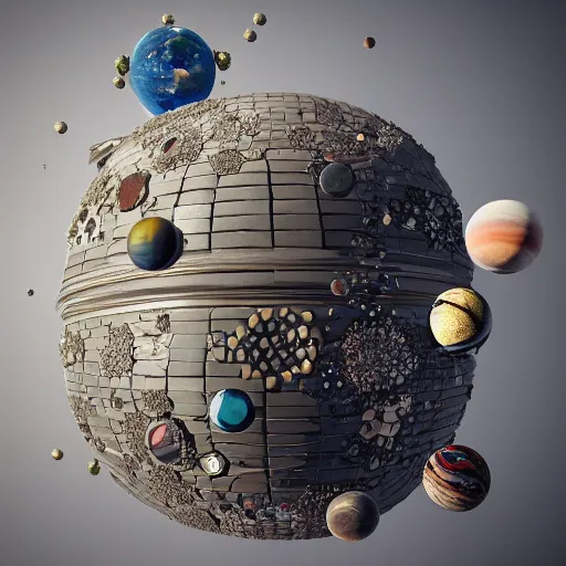 Prompt: an old dirty trashcan full of discarded planets and stars hyperrealistic detailed beautiful intricate 3 d render