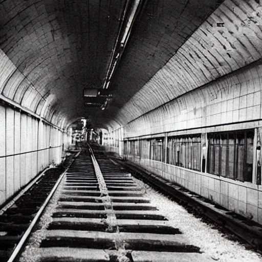 Prompt: old photograph of abandoned Tokyo subway