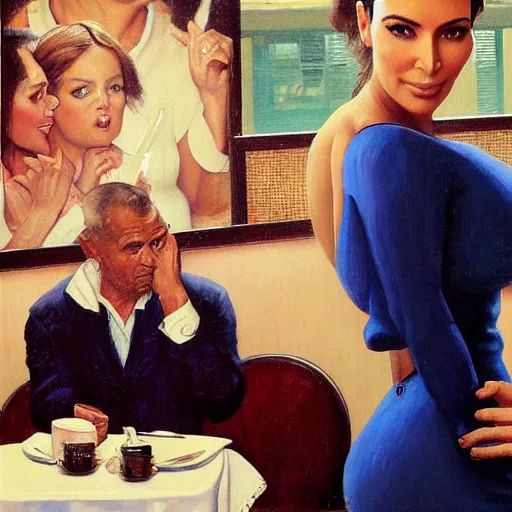 Image similar to kim kardashian at a diner, head and shoulders portrait, extremely detailed masterpiece, roger deakin ’ s cinematography, oil on canvas, norman rockwell.