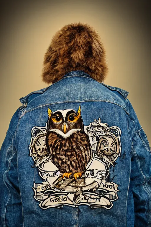 Image similar to owl wearing biker gang jacket with label which says hoo - ligan, portrait photo, full body, backlit, studio photo, golden ratio