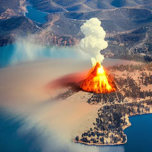 Prompt: Nuclear explosion in Big bear lake, California, Ariel view