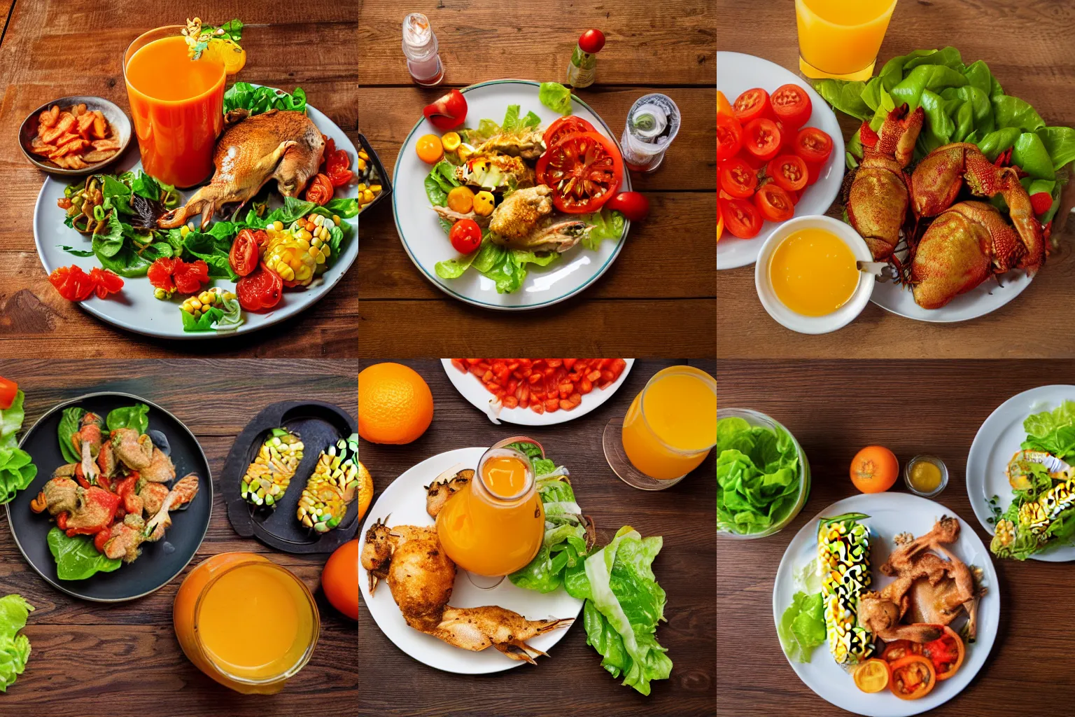 Prompt: a plate of tomatoes, corn, chicken, frog legs, fried spiders, lettuce and beans, a tall glass of orange juice on a wooden table, food photography, 3840x2160