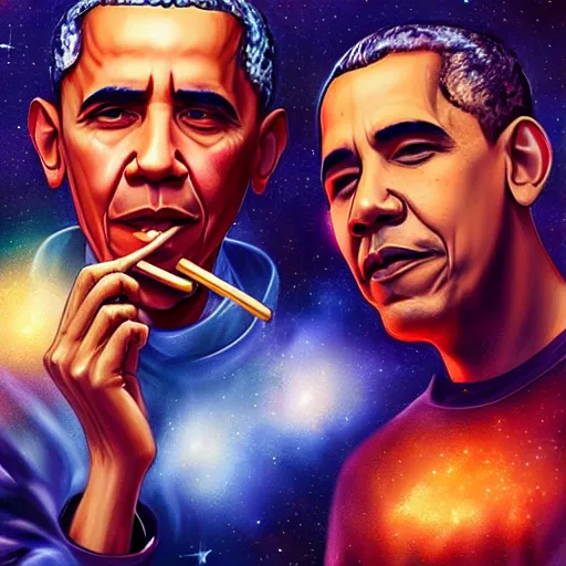 Prompt: a beautiful cosmic matte painting of obama and jay - z smoking blunts in outer space, by artgerm, trending on artstation