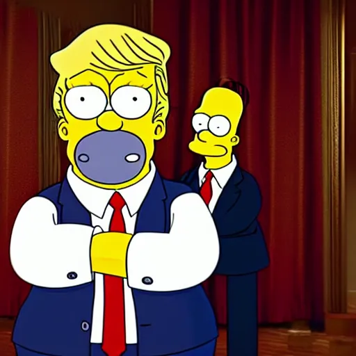 Prompt: Donald Trump with Homer Simpson body, realistic artstyle, wide shot, dramatic lighting, octane render, hyperrealistic, high quality, highly detailed, HD, beautiful, cinematic, 8k, unreal engine, facial accuracy, symmetrical