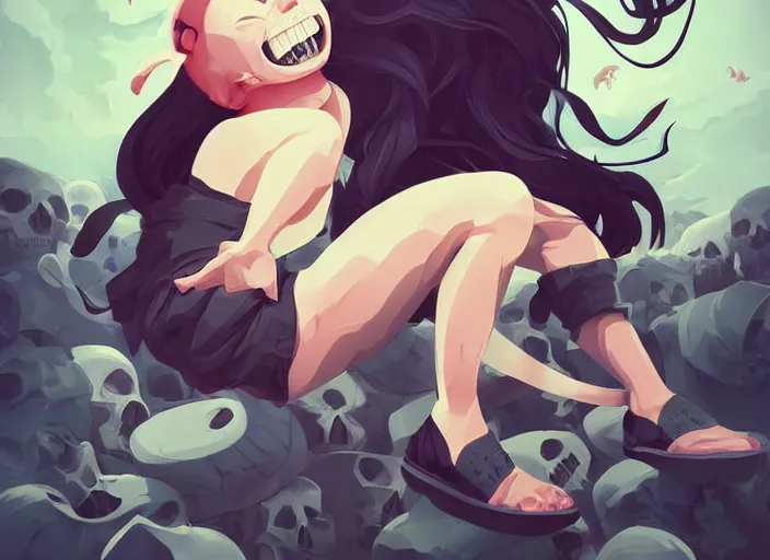 Image similar to cute smiling demon sitting on a pile of skulls. clean cel shaded vector art. behance hd by lois van baarle, artgerm, helen huang, by makoto shinkai and ilya kuvshinov, rossdraws, illustration, art by ilya kuvshinov