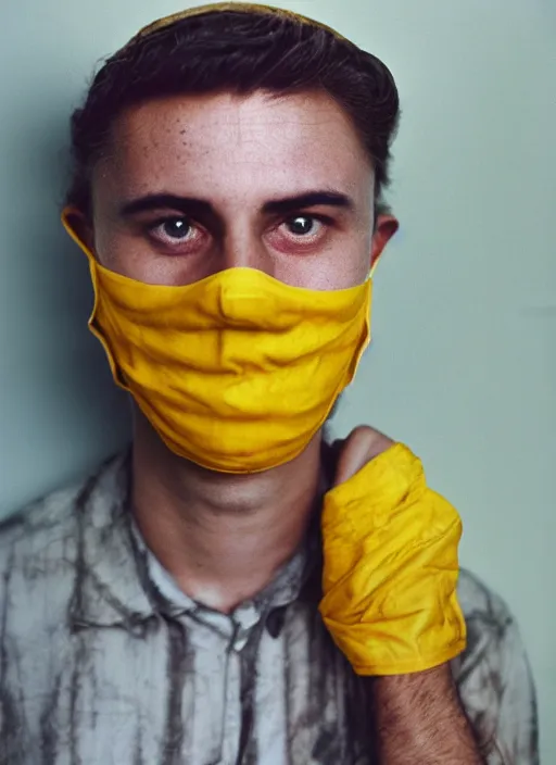 Image similar to a fashion portrait photograph of a man wearing a yellow mask designed by jean paul gaultier, 3 5 mm, color film camera, pentax