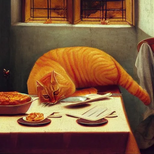 Prompt: fat orange tabby cat eating lasagna on a table, afternoon, renaissance painting, neighborhood outside window