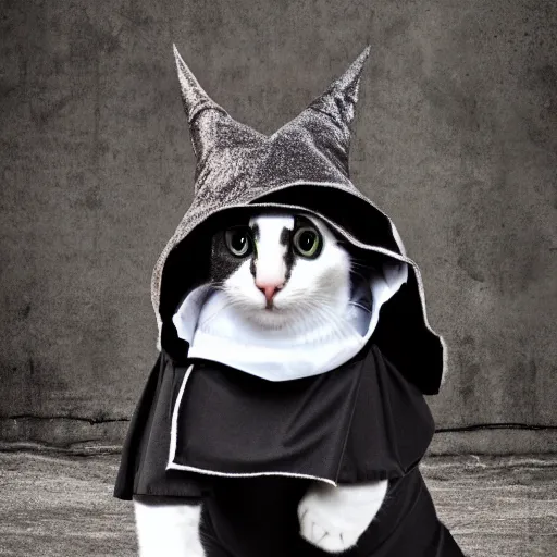 Image similar to a cat dressed as a wizard. Photography.