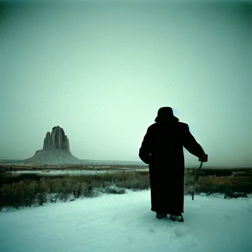 Image similar to photo of shiprock, new mexico during a snowstorm. a old man in a trench coat and a cane appears as a hazy silhouette in the distance, looking back over his shoulder. cold color temperature. blue hour morning light, snow storm. hazy atmosphere. humidity haze. kodak ektachrome, greenish expired film, award winning, low contrast,