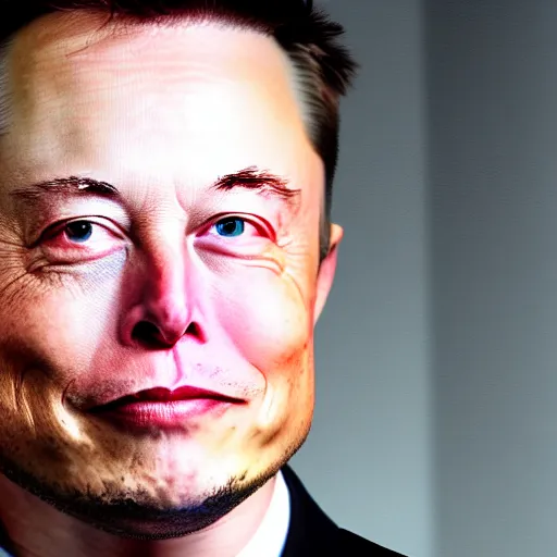 Image similar to elon musk with white eyes, smiling creepy at a camera, realistic photo