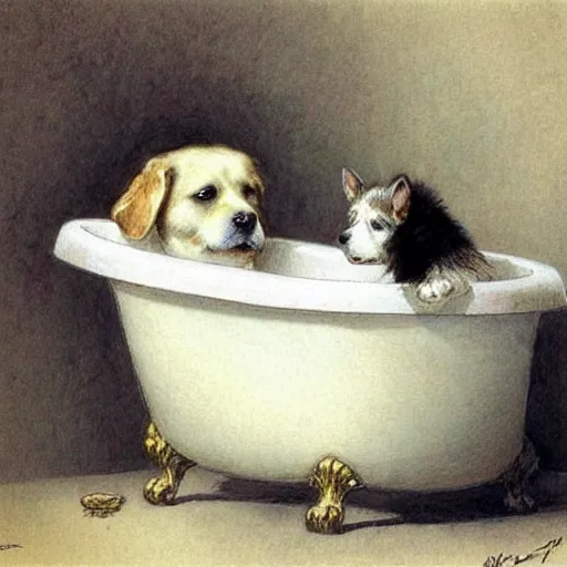 Image similar to ( ( ( ( ( cute dog inside a bathtub. muted colors. ) ) ) ) ) by jean - baptiste monge!!!!!!!!!!!!!!!!!!!!!!!!!!!