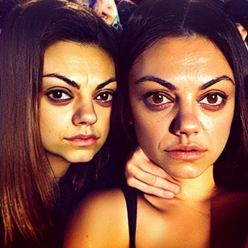 Image similar to Selfie photograph of Mila Kunis and Mila Kunis, golden hour, 8k,