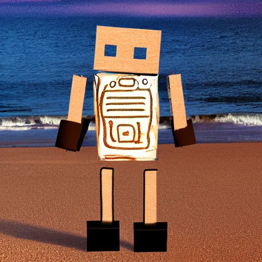 Image similar to Dreamt in 29.59s for !dream robot made of a cardboard box, crayon face, walking through on the beach, dof, cinematic lighting, hyperrealistic, extremely detailed,