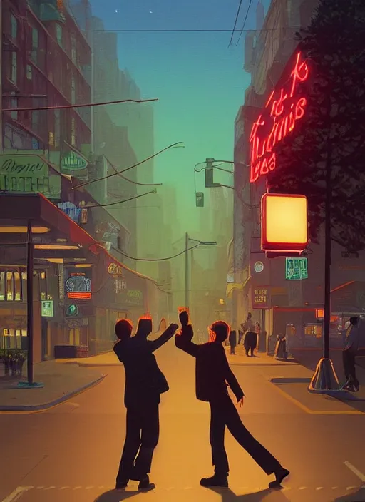 Prompt: Twin Peaks poster artwork by Michael Whelan and Tomer Hanuka, Rendering of teenagers dancing at night in the street corner the only intersection in town with a soft colorful glow from the traffic light hanging from scene from Twin Peaks, full of details, by Makoto Shinkai and thomas kinkade, Matte painting, trending on artstation and unreal engine