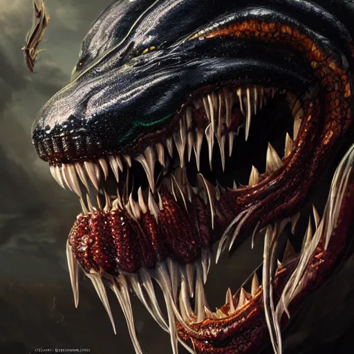 Image similar to portrait of venom, intricate artwork, concept art, octane render, deviantart, cinematic, key art, hyperrealism, iridescent accents, portrait photograph, nikon 3 5 mm, photograph by greg rutkowski