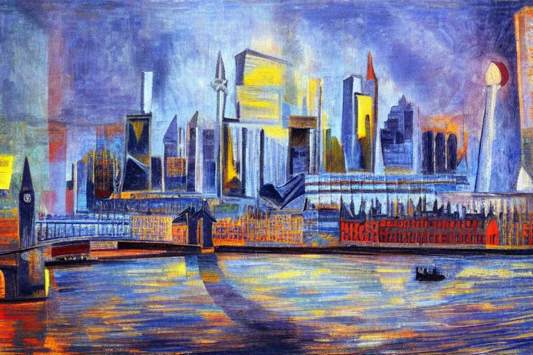 Prompt: oil painting of the london skyline, highly detailed, dramatic lighting, intense shadows, rich deep colours, by pablo picasso