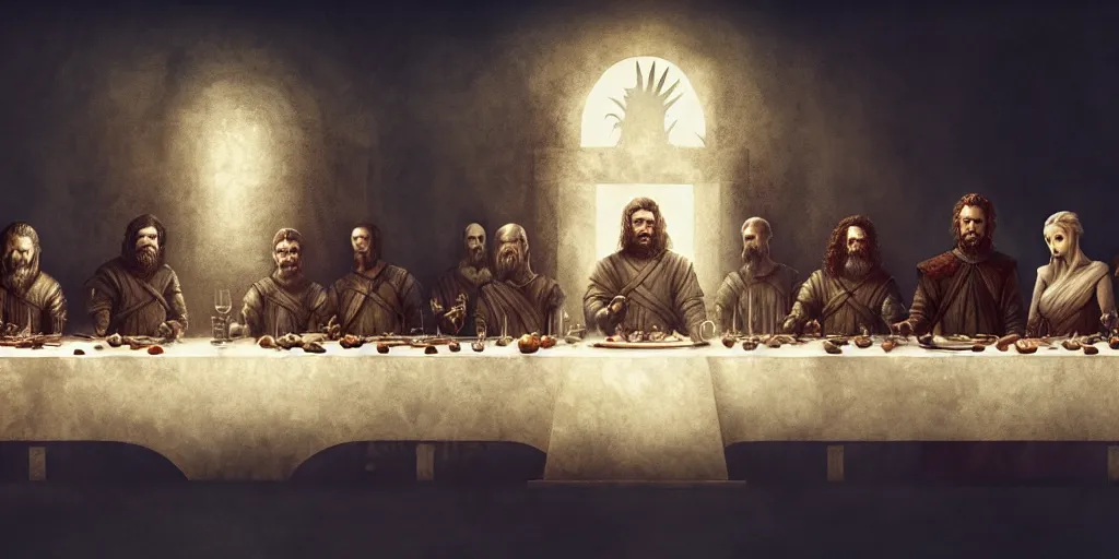 Prompt: game of thrones last supper by beeple and greg rutkowski, digital painting, trending on artstation, sharp focus, 4 k