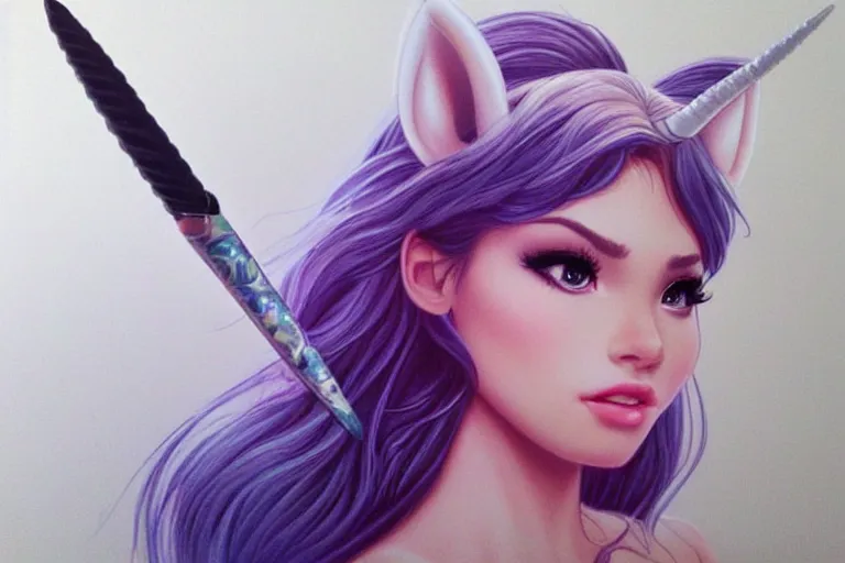 Image similar to very beautiful disney princess with a unicorn horn, perfect face, perfect body, eye contact, drawn by artgerm