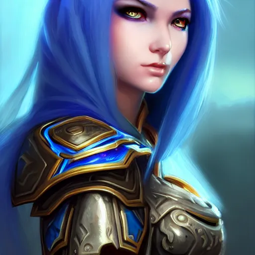 Prompt: a portrait of a very beautiful female mage in armor warcraft style armor, blue hair, bored, illustration, soft lighting, soft details, painting oil on canvas by mark arian by artgerm, trending on artstation, 4k, 8k, HD