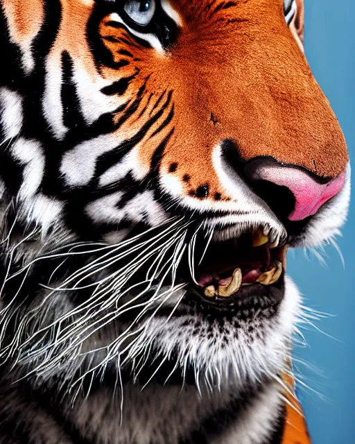 Prompt: natural light, soft focus extreme close up portrait of a tiger with soft synthetic pink skin, blue bioluminescent plastics, smooth shiny metal, elaborate ornate head piece, piercings, skin textures, by annie leibovitz, paul lehr