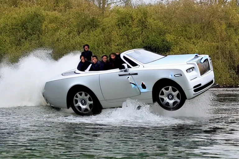 Image similar to Teenagers push Rolls-Royce into lake with their hands from a small slide wanting to drown him