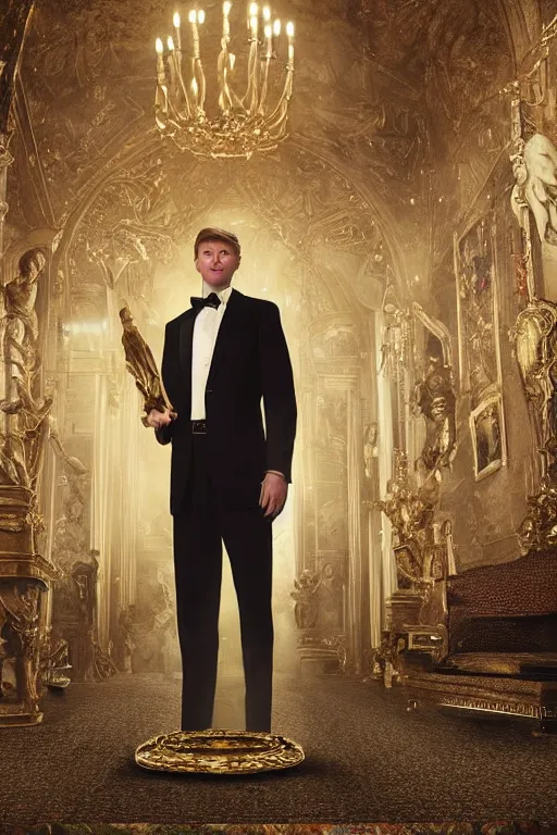 Prompt: portrait of God King Barron Trump ordained in gold and red diamonds. Badass pose. Photo realistic. Gregory Crewdson. Award winning. Masterpiece, exquisite detail, post processing, low angle, suspenseful