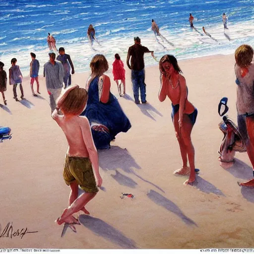 Image similar to A beautiful drawing of a group of people on a beach. The colors are muted and the overall tone is serene. The people are all engaged in different activities, from reading to playing games, and the artwork seems to be capturing a moment of peace and relaxation. by Robert Hagan, by Luis Royo