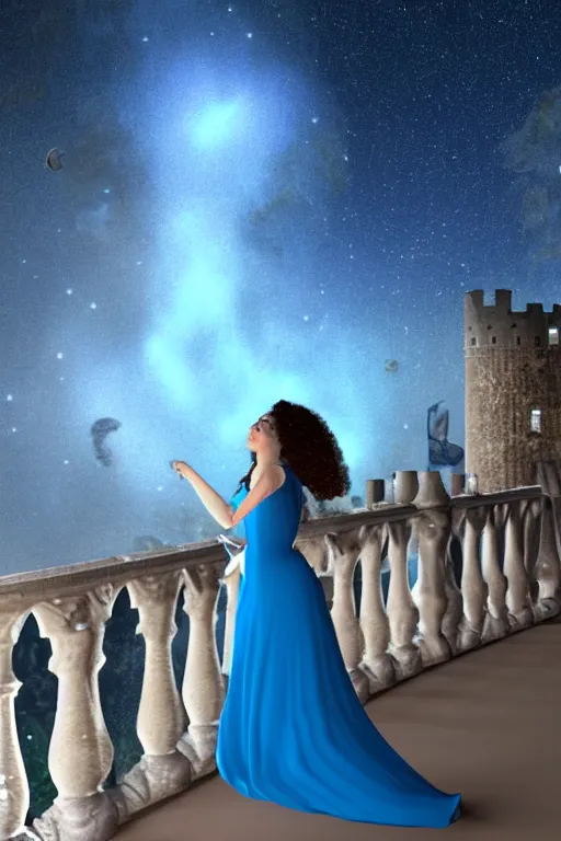 Image similar to a full body tall young female with curly shining hairs in blue dress rounding on a balcony of castle under a falling stars, view from a behind perspective. vfx effects, intricate, elegant, sharp focus, high quality render, many polygons, f 9 5 zone