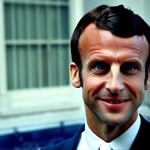 Prompt: Emmanuel Macron vicious smile in American Psycho (1999)