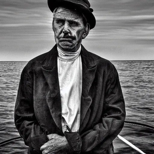 Prompt: dark intense fisherman portrait victorian black and white, realistic