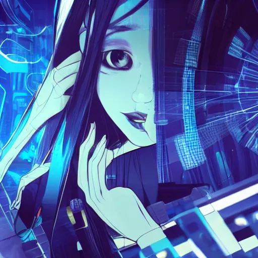 Prompt: Frequency indie album cover, luxury advertisement, blue filter, blue and black colors. Clean and detailed post-cyberpunk sci-fi close-up schoolgirl in asian city in style of cytus and deemo, blue flame, relaxing, calm and mysterious vibes, by Tsutomu Nihei, by Yoshitoshi ABe, by Ilya Kuvshinov, by Greg Tocchini, nier:automata, set in half-life 2, Matrix, GITS, Blade Runner, Neotokyo Source, Syndicate(2012), dynamic composition, beautiful with eerie vibes, very inspirational, very stylish, with gradients, surrealistic, dystopia, postapocalyptic vibes, depth of field, mist, rich cinematic atmosphere, perfect digital art, mystical journey in strange world, beautiful dramatic dark moody tones and studio lighting, shadows, bastion game, arthouse