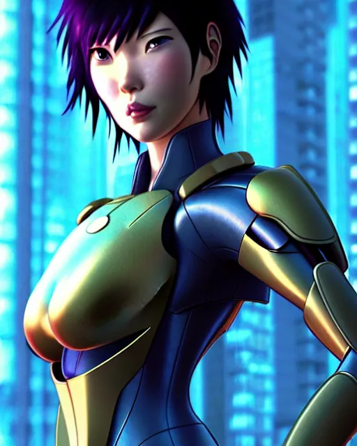 Image similar to weta disney pixar movie still portrait photo of motoko kusanagi the major ghost in the shell : : as cyborg woman by pixar : : by weta, wlop, ilya kuvshinov, rossdraws, artgerm, marvel, maxim cover, latex, octane render, sweaty, iridescent, bright morning, anime, liosh, mucha : :