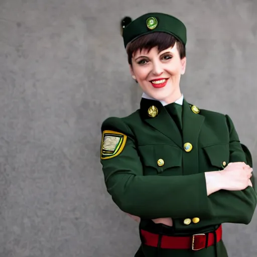 Image similar to brunette, short flip out hair, emerald eyes, evil smile, military uniform