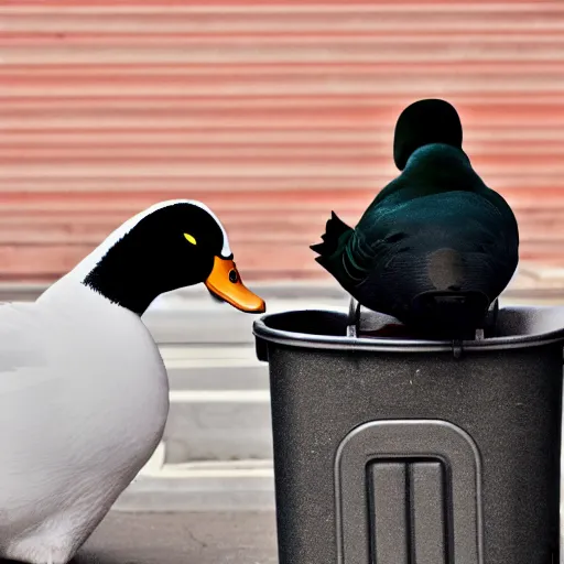 Prompt: A duck staring at a homeless person living in a trashcan, cinematic, professional photography