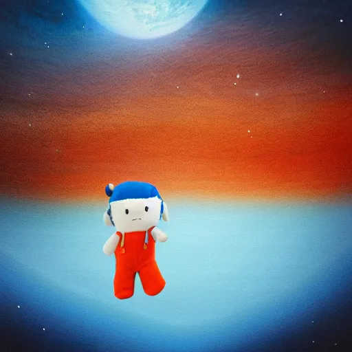 Image similar to blue'snappy gifts'human - sized plush doll, on the background of mars landscape, holding gift, hazy atmosphere, high detail, soft lighting, 8 k