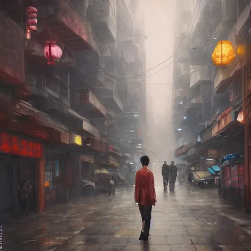 Image similar to a thousand sentient creatures covered in mountains and clouds. style of blade runner 2 0 4 9. i can understand why. a full length portrait of a spotless mind controlled, cyberpunk chinese street, by grosnez zak and