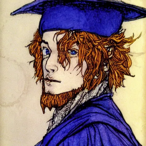 Prompt: Heath Ledger young wizard with blonde hair and blond beard wearing a blue robe and pointy hat, illustration by Arthur Rackham