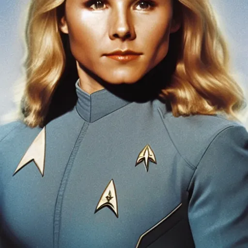 Image similar to a beautiful full body photograph of a younger kristen bell as a star fleet officer from star trek next generation, extreme realism and detail, 8 k, completely framed, direct lighting, 3 5 mm photo, photorealistic, sharp focus