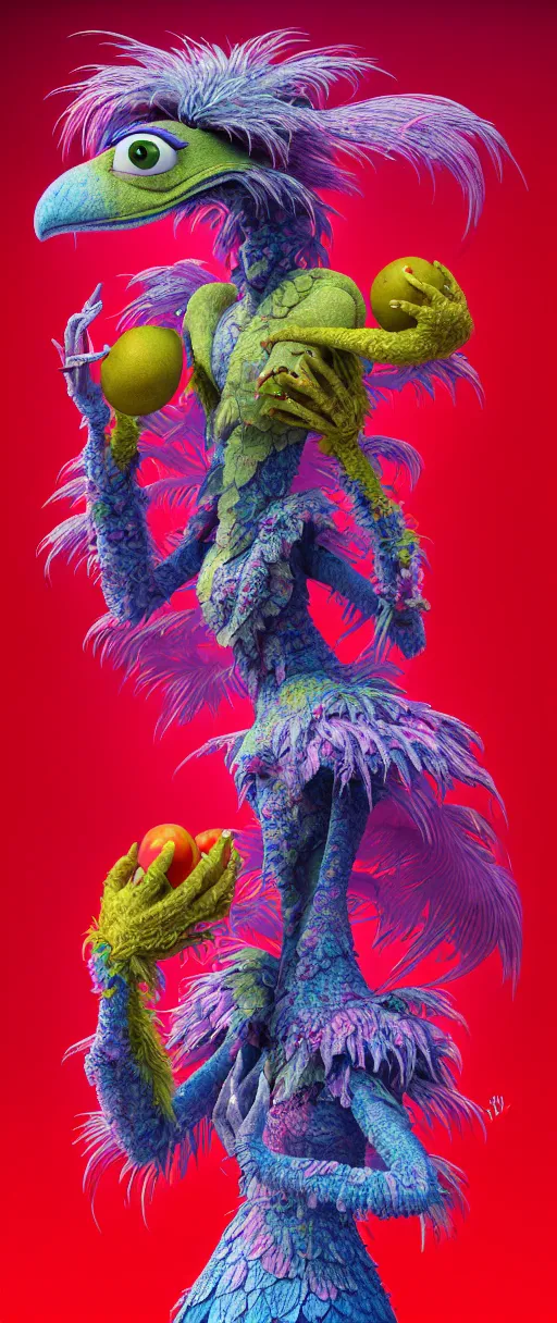 Image similar to hyper detailed 3d render like a Oil painting - kawaii portrait of two Aurora (a beautiful skeksis muppet fae princess protective playful expressive from dark crystal that looks like Anya Taylor-Joy) seen red carpet photoshoot in UVIVF posing in scaly dress to Eat of the Strangling network of yellowcake aerochrome and milky Fruit and His delicate Hands hold of gossamer polyp blossoms bring iridescent fungal flowers whose spores black the foolish stars by Jacek Yerka, Ilya Kuvshinov, Mariusz Lewandowski, Houdini algorithmic generative render, golen ratio, Abstract brush strokes, Masterpiece, Edward Hopper and James Gilleard, Zdzislaw Beksinski, Mark Ryden, Wolfgang Lettl, hints of Yayoi Kasuma and Dr. Seuss, octane render, 8k