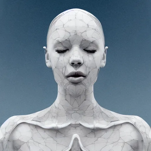 Prompt: a statue made of white marble with gold veins, of an beautiful pregnant woman in a light dress, perfect symmetrical body, perfect symmetrical face, closed eyes, hyper realistic, hyper detailed, fujicolor superia, bokeh background, full body shot, by peter kemp, by monia merlo octane render, blender, 8 k