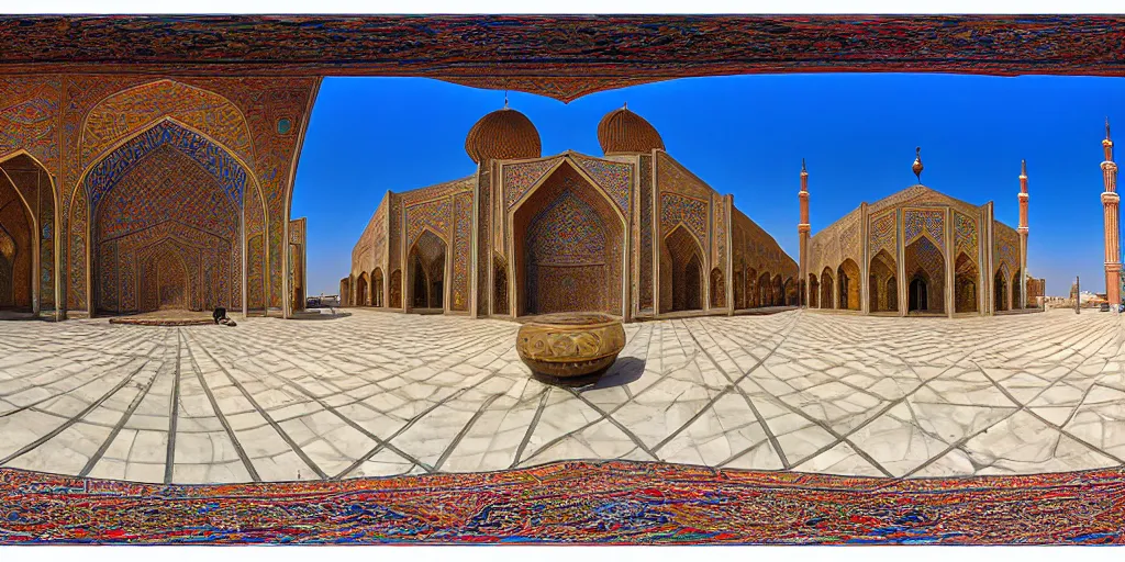 Prompt: equirectangular view of the nasir al - mulk mosque in iran