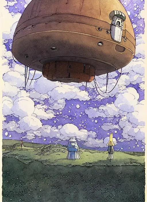 Image similar to hyperrealist studio ghibli watercolor fantasy concept art of a giant ufo from howl's moving castle sitting on stonehenge like a stool. it is a misty starry night. by rebecca guay, michael kaluta, charles vess
