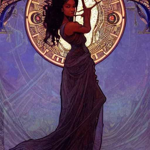 Image similar to thandiwe newton portrait by louis - theophile hingre and alphonse mucha, realistic, sharp focus, zodiac signs, tarot cards, planets, ethereal, art nouveau, magic, moon, sun, crown, dreamy, royal, jewellery