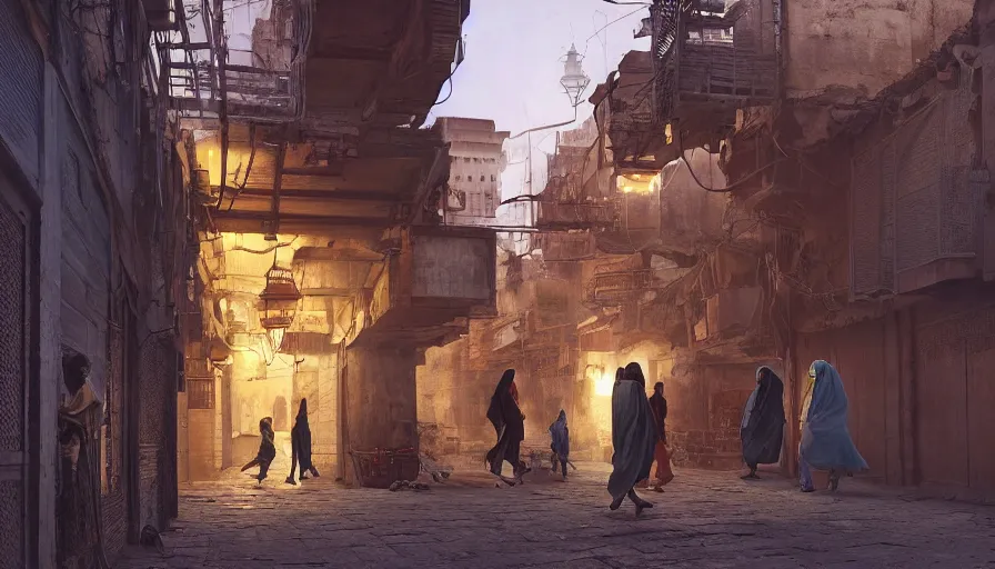 Image similar to old jeddah city alley, roshan, shops, a big magical glowing time portal, a nomad wearing a worn out coat, plants, kids, dramatic lighting sci fi, by caspar david friedrich by beeple and james gilleard and justin gerard, centered, artstation, smooth, sharp focus, photoreal octane render, 3 d, by jean baptiste monge