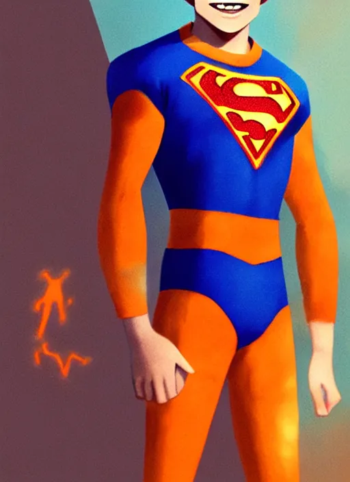 Image similar to friendly teenage archie andrews wearing an orange superhero costume with heart logo, freckles, pureheart the powerful, heart emblem on chest, blue cape, intricate, elegant, glowing lights, highly detailed, digital painting, artstation, sharp focus, illustration, art by wlop, mars ravelo and greg rutkowski