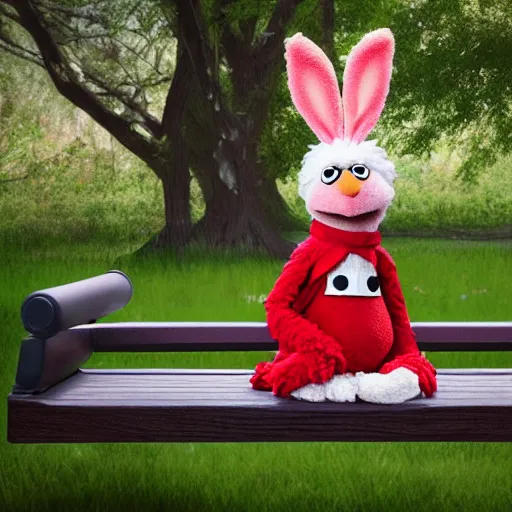 Prompt: an extremely fluffy muppet with rabbit ears and wearing a dark ninja robe with a red belt and practicing her meditation in nature on a park bench, photorealistic, photography, ambient occlusion, rtx, national geographic, sesame street