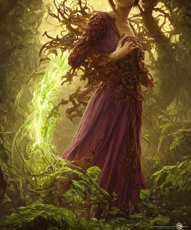 Image similar to a woman spore druid with leaf and vine themed clothing, fully clothed, glowing energy, D&D, fantasy, intricate, cinematic lighting, highly detailed, digital painting, artstation, concept art, smooth, sharp focus, illustration, art by Artgerm and Greg Rutkowski and Alphonse Mucha