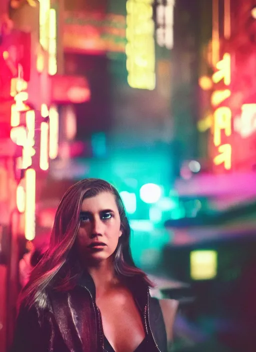 Image similar to A hyper realistic and detailed head portrait photography of a Rachael of Blade Runner on a futuristic street. by Cameron Hammond. Neo noir style. Cinematic. neon lights glow in the background. Cinestill 800T film. Lens flare. Helios 44m