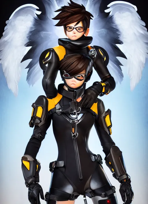 Image similar to full body of tracer overwatch, angel wings, dramatic painting, symmetrical composition, wearing detailed leather collar, black shiny armor, chains, black harness, detailed face and eyes,