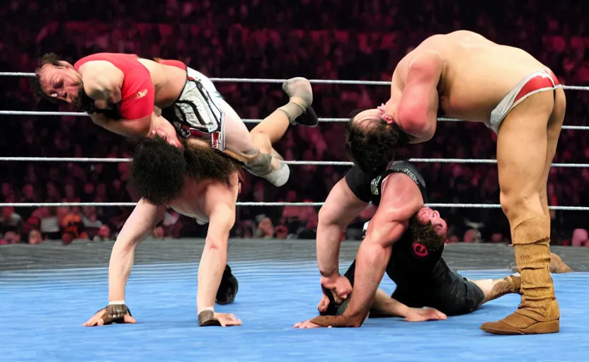Prompt: Karl Marx performing german suplex on Friedrich Nietsche in 2014 WWE championship match, sports photo, Canon EOS 5D Mark 2, ƒ/5.6, focal length: 160.0 mm, Exposure time: 1/160, ISO: 1600